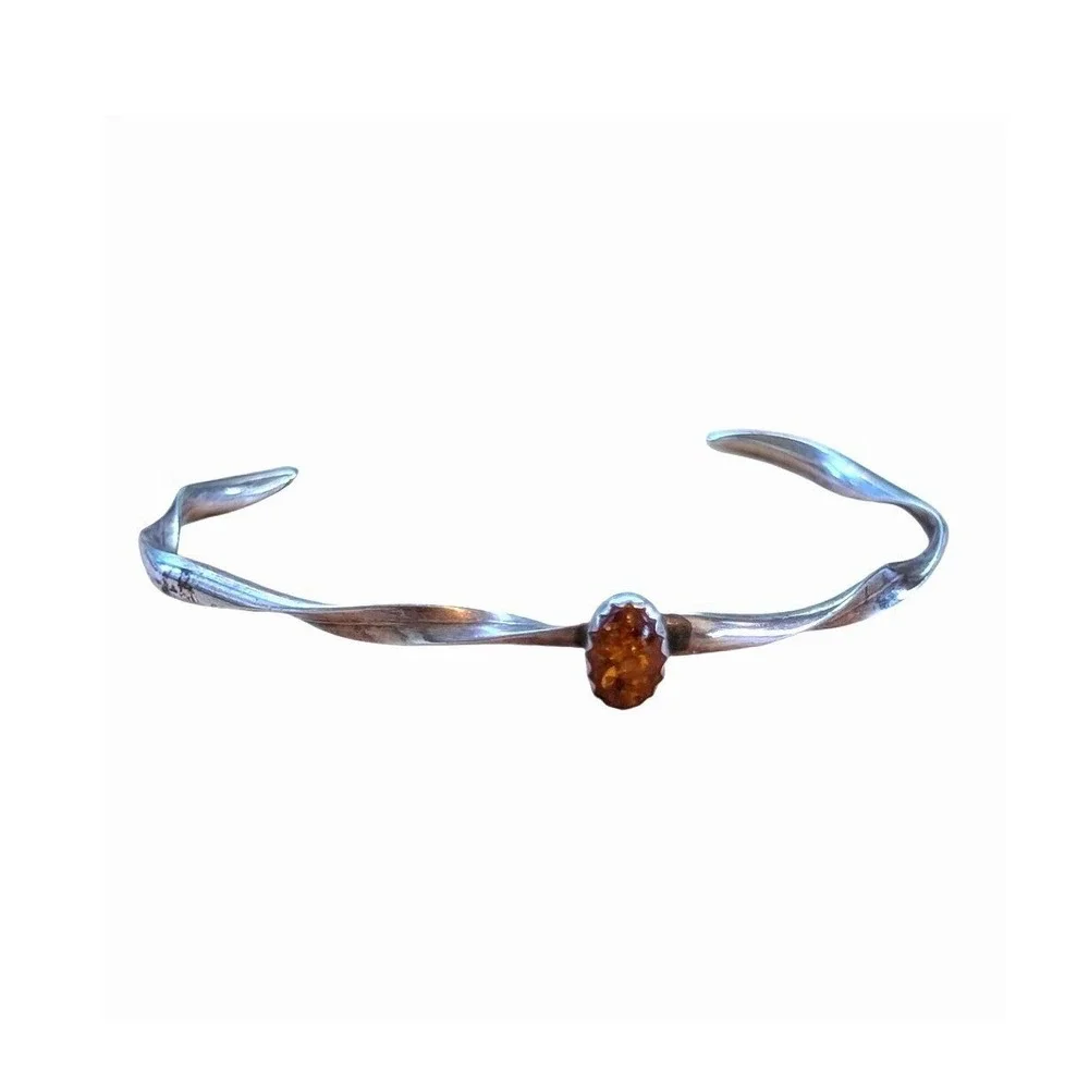 Vintage Small kids Sterling Silver Amber Cuff Bracelet Minimalist Stacking